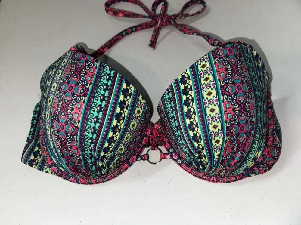Shade & Shore Cabana Light Lift Ring Front Boho‎ Stripe Bikini Top 36D
